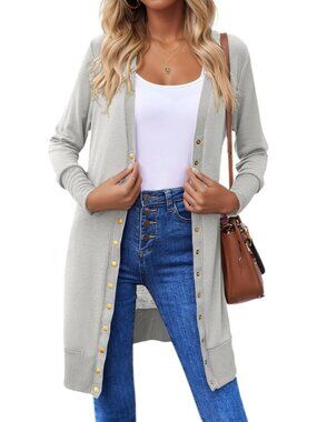 Women's Light Grey Button Down Long Sleeve Lightweight Casual Cardigan Sweaters